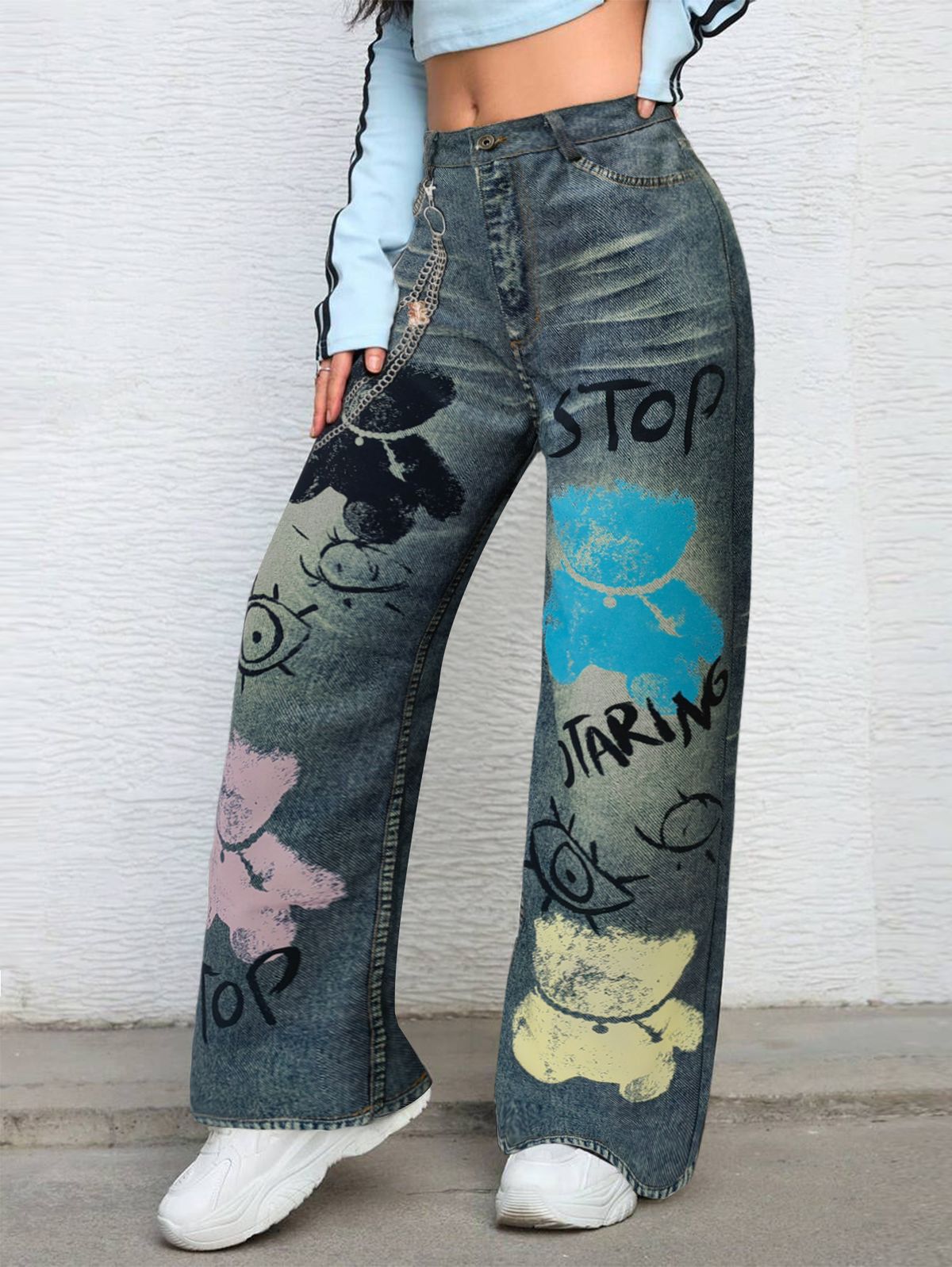 Women's Graffiti Print Wide-Leg Jeans – Streetwear Denim Pants With Artistic Flair (S/M/L/XL/XXL, Relaxed Fit, Mid-Rise, Machine Washable)_voghion.com