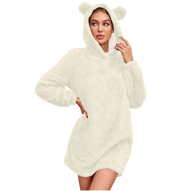 Women's clothing cat ears hooded loose double-sided plush long-sleeved mid-length skirt jacket for women_voghion.com