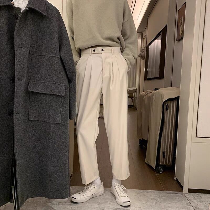 Apricot Small Trousers Men's Summer Drooping Feeling Straight Loose Nine-point Pants Boys Ruffian Handsome Casual Pants_voghion.com
