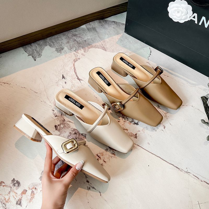 Französische kleine duftende Halbpantoffeln im dicken Zehenbereich für Damenbekleidung, 2025 neuer Sommer-Niedrigabsatz passender Rock, M Ü Ller_voghion.com