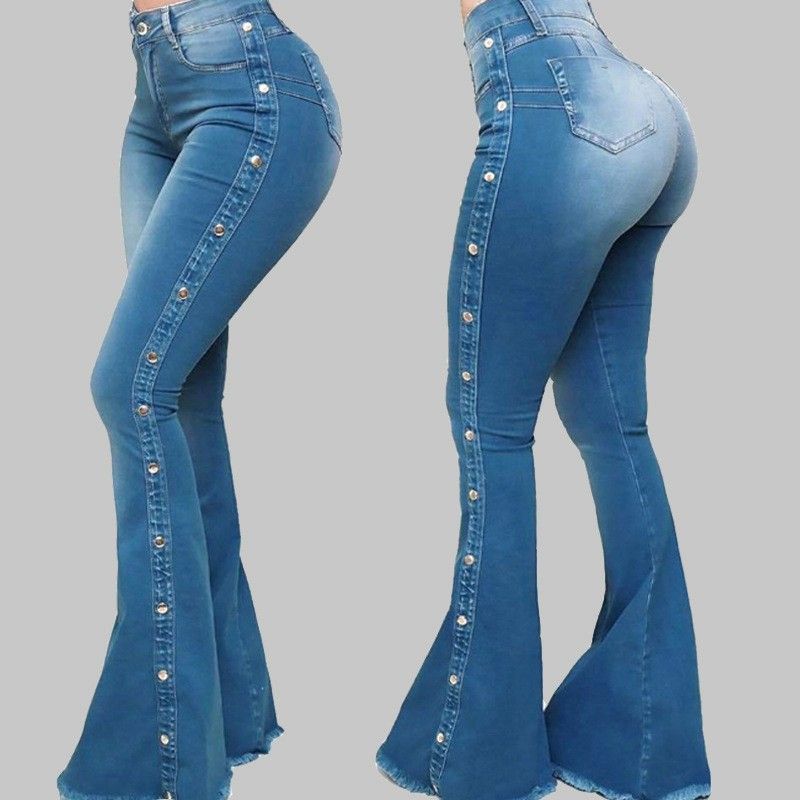 High waist elastic mop flared jeans ladies trousers_voghion.com