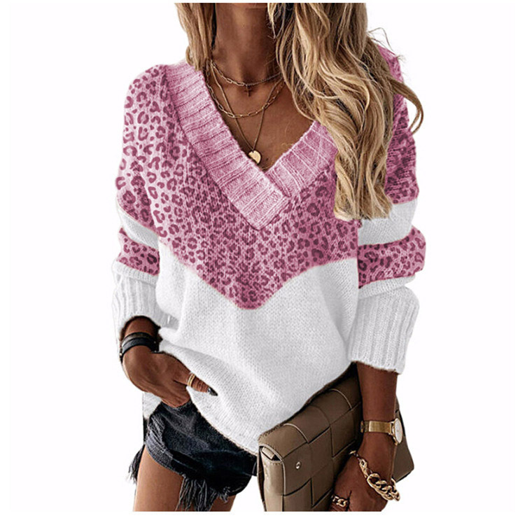 Abbigliamento da donna Maglione a righe abbinate a nuovi colori Top pullover con scollo a V con stampa leopardata autunno e inverno_voghion.com