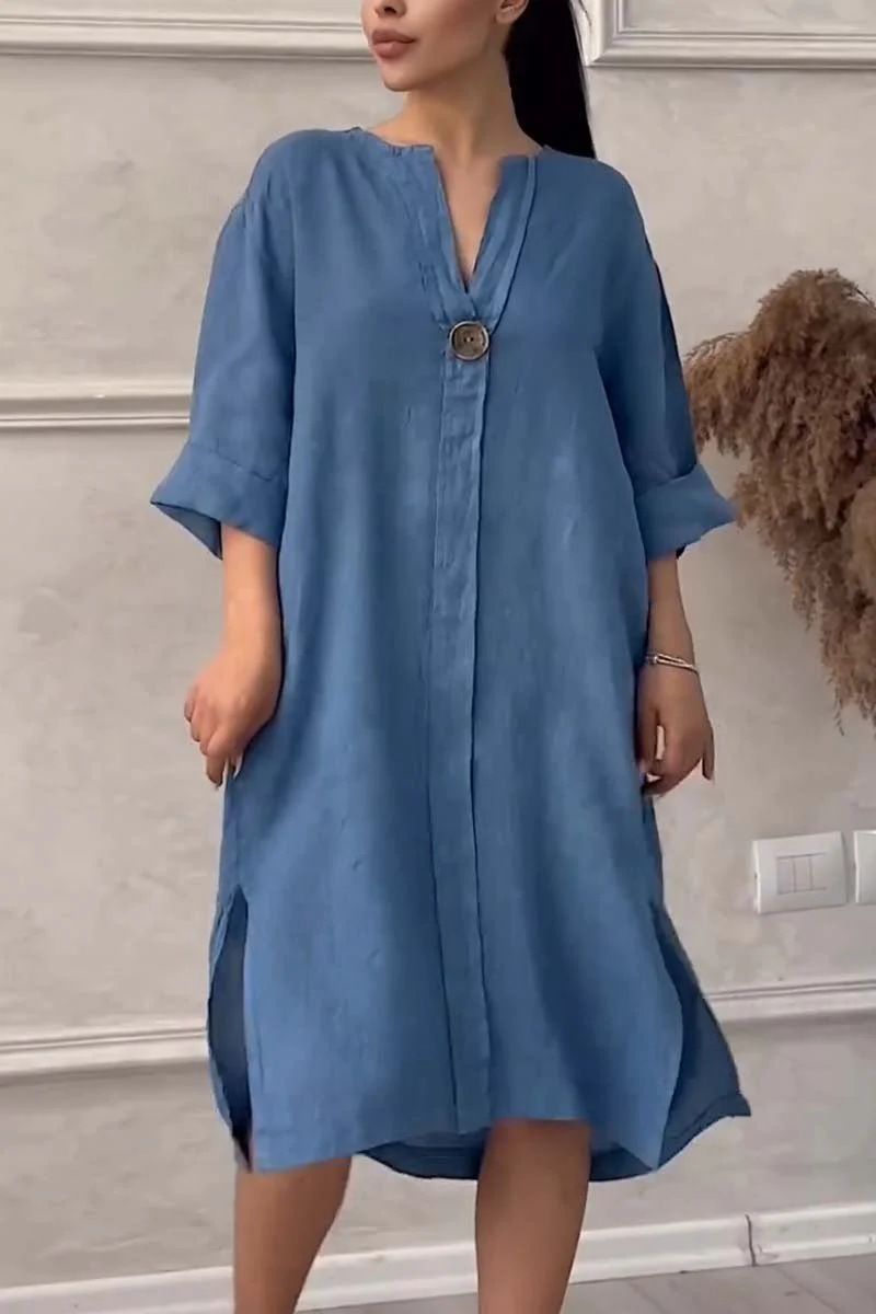 Women's New Cotton and Linen Pure Color Casual Round Neck Button Long Dress _voghion.com