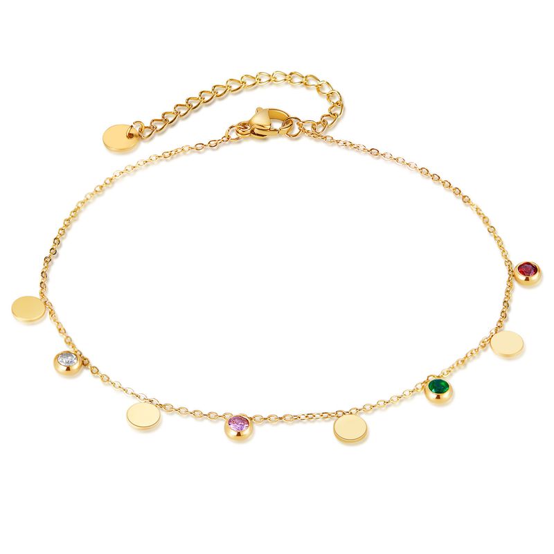 Cavigliera da donna alla moda, semplice, in acciaio inossidabile, con zirconi colorati, motivo geometrico rotondo_voghion.com