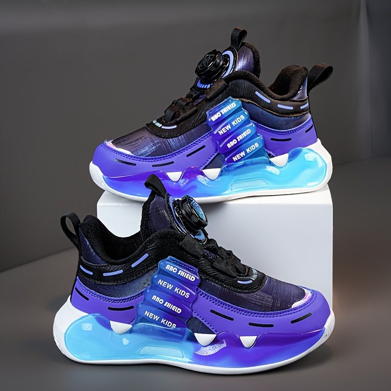 Boy's Trendy High Top Basketball Shoes With Rotating Buckle, Comfy Non Slip Shock Absorption Sneakers For Kids Outdoor_voghion.com