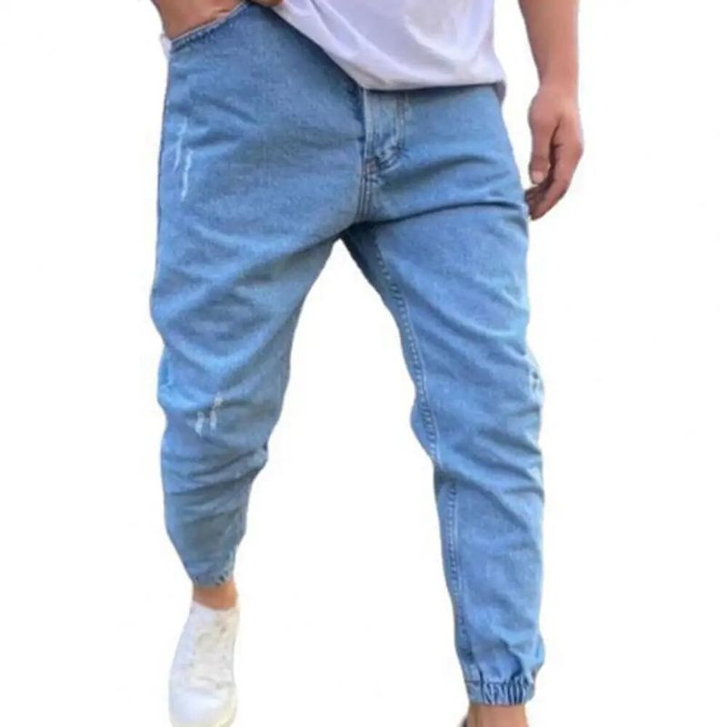 2024 Herbst Slim Fit Männer Jeans Reine Farbe Casual Elastische Taille Jeans Strahl Fuß Streetwear Jogger Denim Hosen_voghion.com