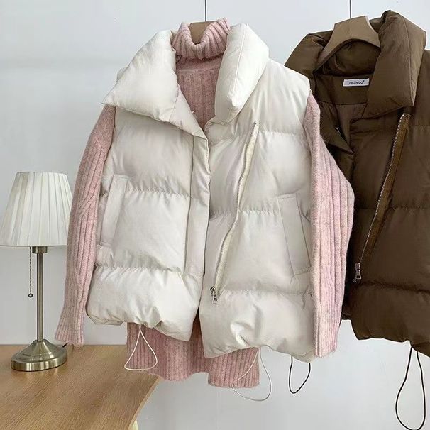 Kurze Pufferweste für Damen im Winter, lockere Passform, lässig-schicke ärmellose Jacke, leichter Steppmantel für Damen (Weiß, Schwarz, Khaki)_voghion.com