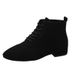 2023 Autumn Winter New Short Low Women's Pointed Toe Suede Front Lace-up Solid Color Chunky Heel Fashion Boots_voghion.com