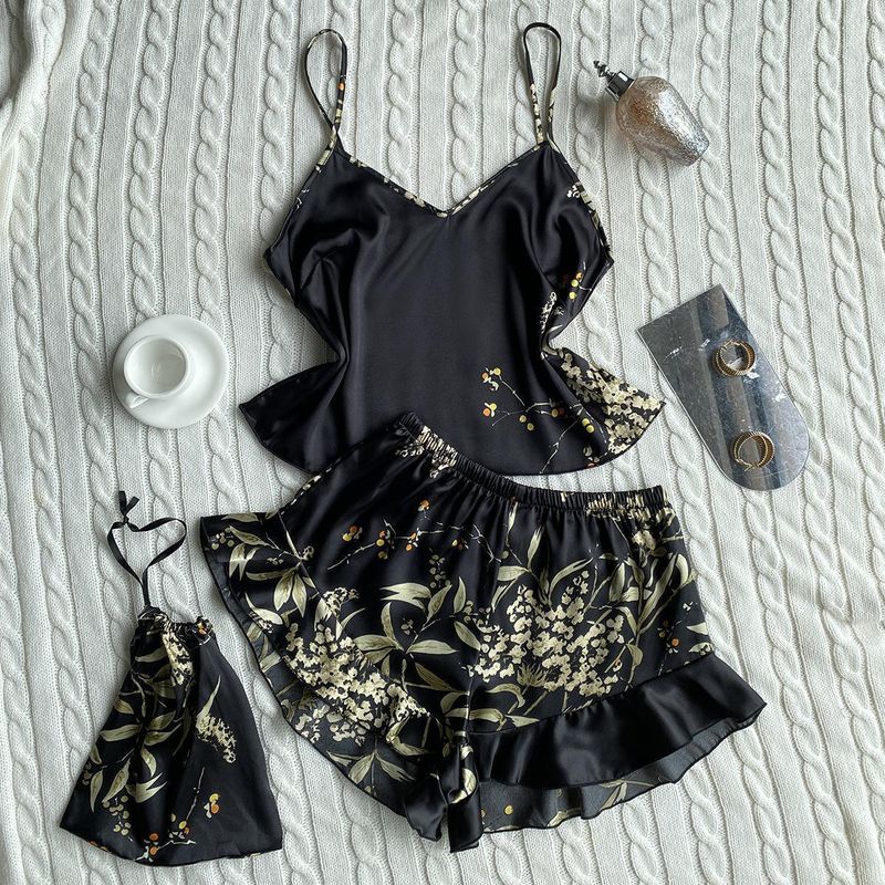 Pyjama en soie pour femme, ensemble deux pièces, short imprimé à la mode, ensemble de vêtements pour la maison, jupe à bretelles sexy, printemps et été_voghion.com