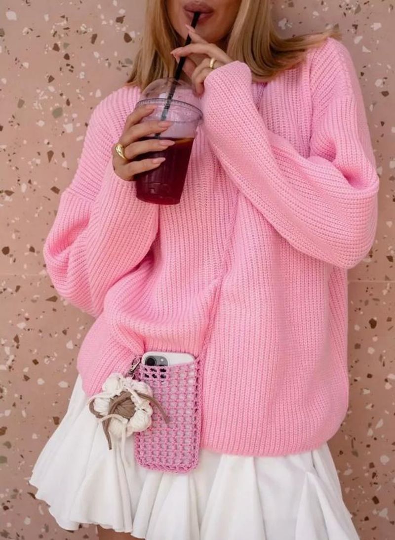 Oversize-Strickpullover – Rundhalsausschnitt, Langarm, Polyester-Acryl-Mischung (S-XL, 6 Farben, überschnittene Schultern, 3D-Textur, Basic für die Arbeit und das Wochenende)​_voghion.com