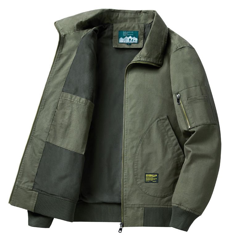 Giacca da lavoro vintage da uomo – Bomber in denim lavato 100% cotone con toppe ricamate (verde militare, beige, cammello)_voghion.com