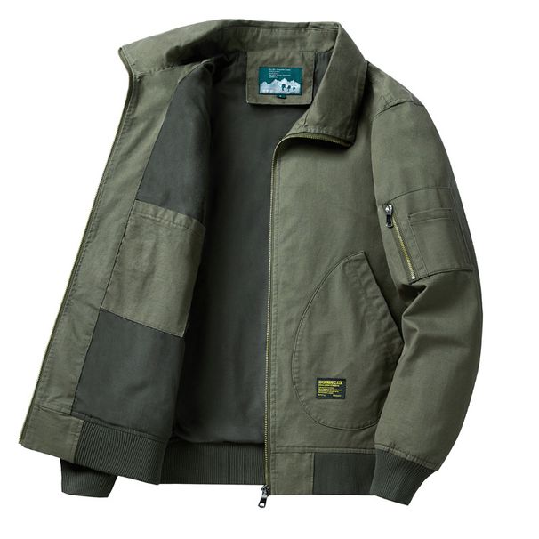 Giacca da lavoro vintage da uomo – Bomber in denim lavato 100% cotone con toppe ricamate (verde militare, beige, cammello)_voghion.com