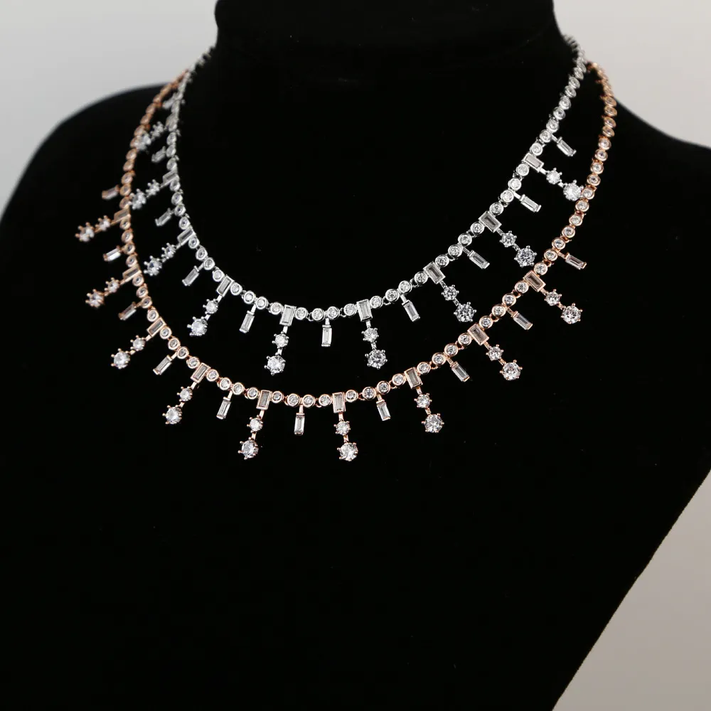 Nowy damski krótki naszyjnik choker pełen diamentów cyrkon srebrny różowo-złoty naszyjnik biżuteria_voghion.com