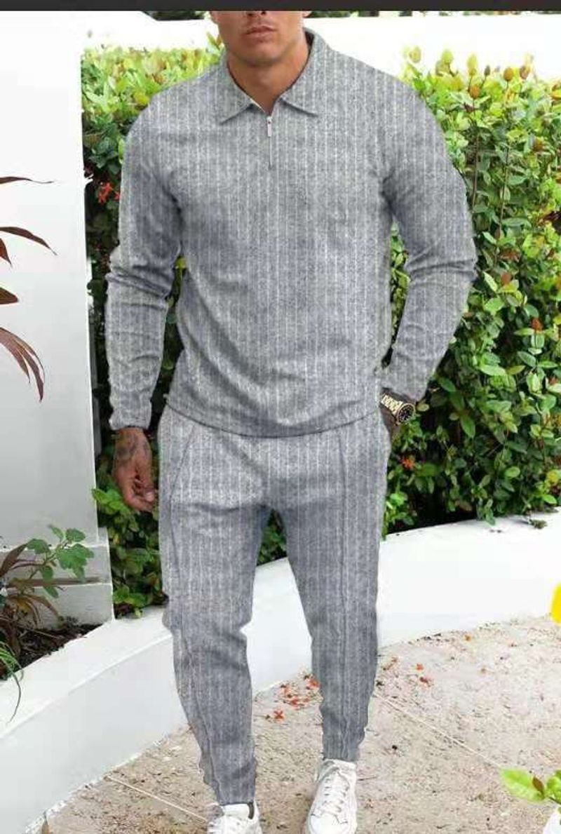 Set trendy a righe con collo a polo multicolore da uomo a maniche lunghe per sport e tempo libero 2024_voghion.com