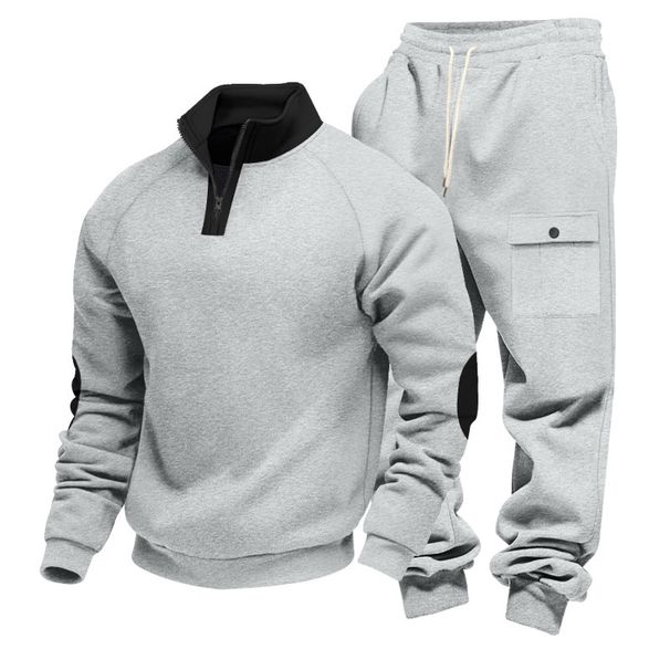 Herren-Set mit Fleece-gefüttertem Kapuzenpullover und Arbeitshose – Schweres, lässiges Winter-Outfit, locker sitzender Stehkragen, warm und bequem_voghion.com