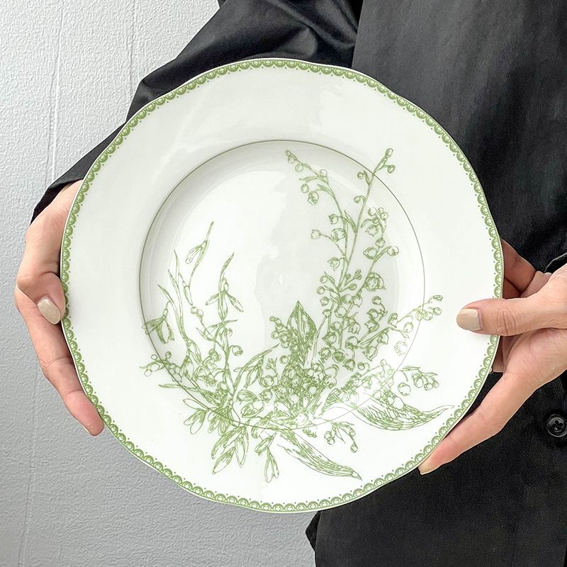 Ins Jade Green Lily Of The Valley Series Aesthetic High Bone China Western Dining Home Use Internet Celebrity Dessert_voghion.com