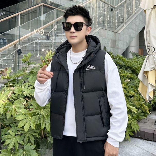 Winter Mountain Style Daunenweste für Herren, trendige Marke, Farbblock, ärmellos, modisch, lässig, mit Kapuze, kältebeständig, warme Jacke_voghion.com