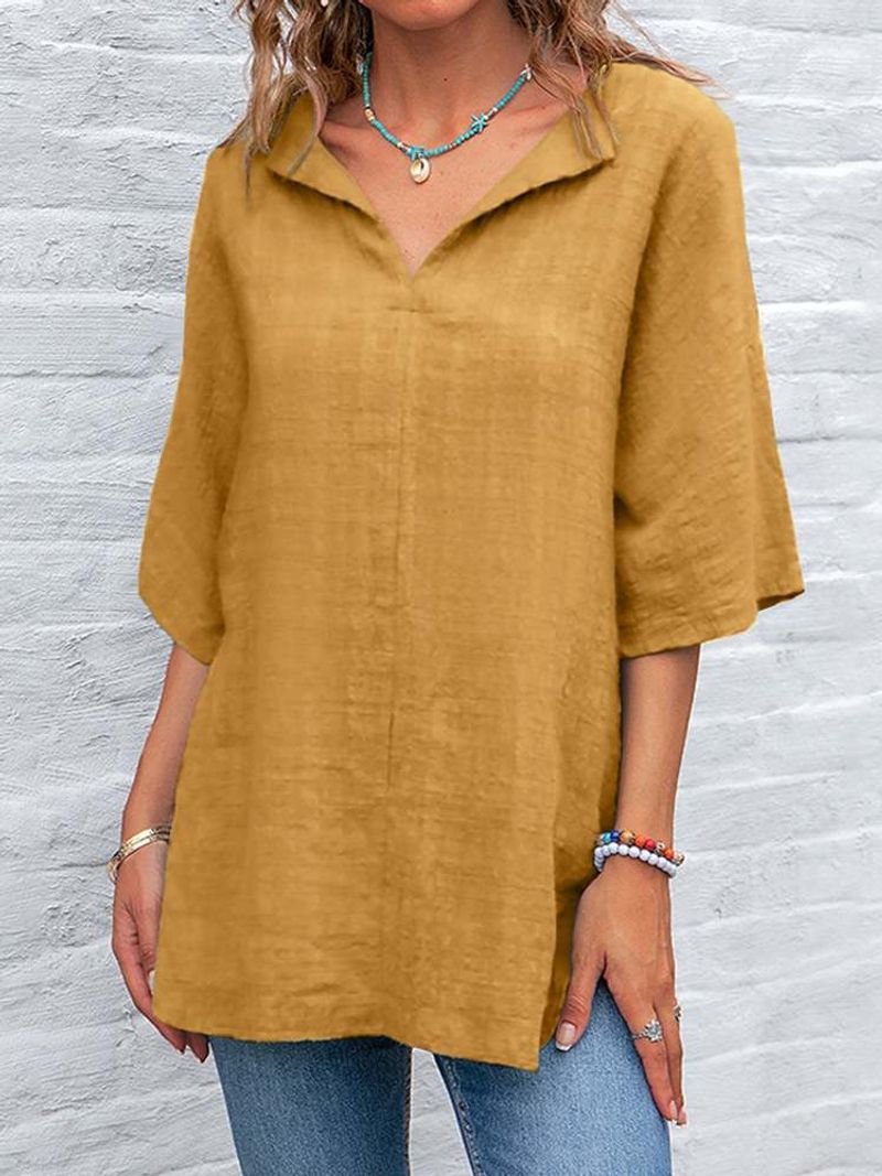 Damen Sommer Neue Produkte 3/4 Ärmel V-Ausschnitt Casual Tops Retro Atmungsaktive Einfarbig Shirt Frauen_voghion.com