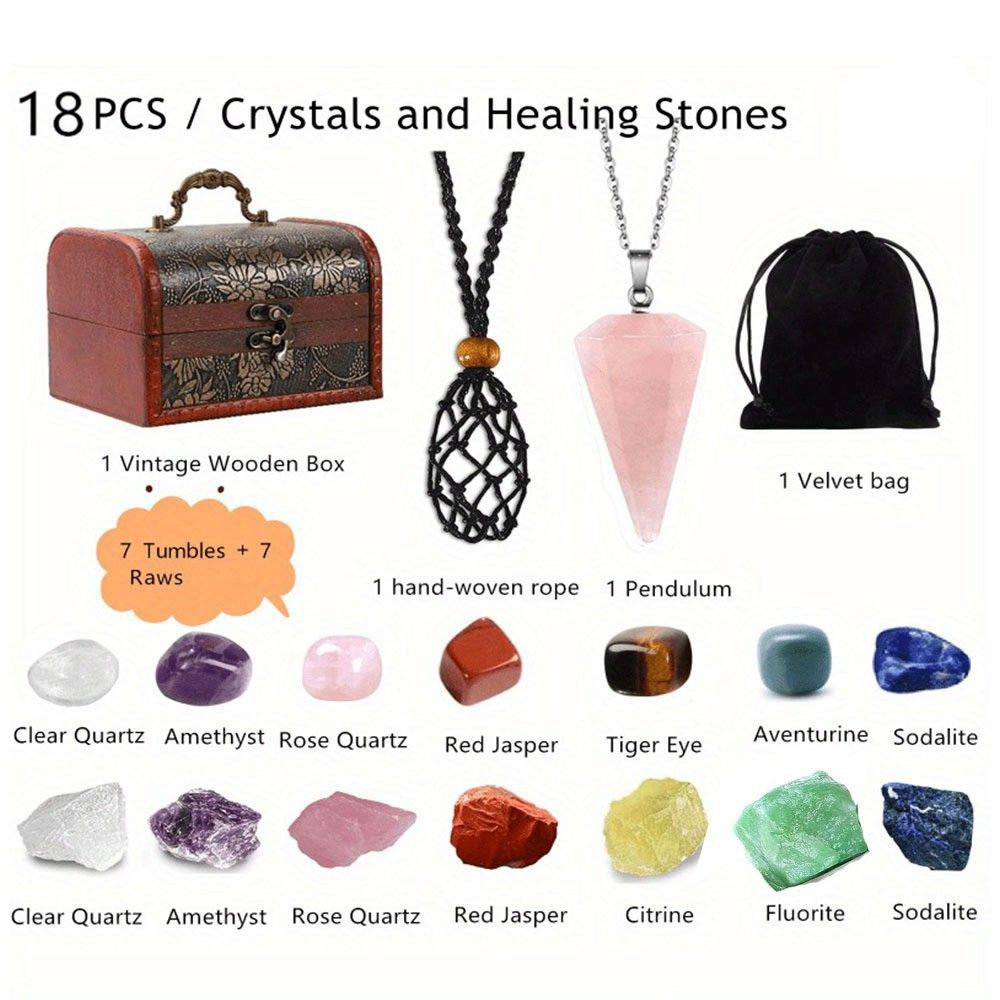Coffret de 22 cristaux de guérison : colliers en quartz brut, pointes hexagonales et pierres roulées dans des sacs en filet bio (collection cadeaux yoga/reiki/Noël)_voghion.com