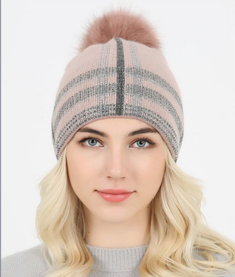 Nova capa térmica feminina de outono e inverno, chapéu de malha de lã xadrez com bola de pelo grande_voghion.com