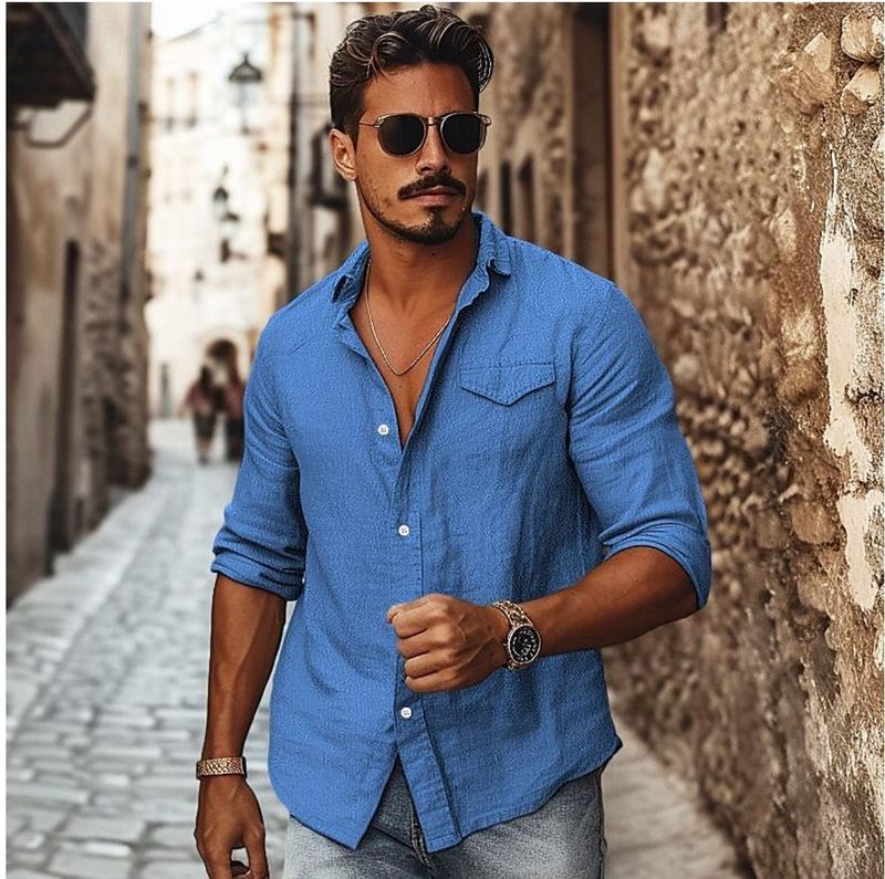 men's clothing linen shirt button-down shirt blue khaki long sleeves plain lapel spring and summer casual daily_voghion.com