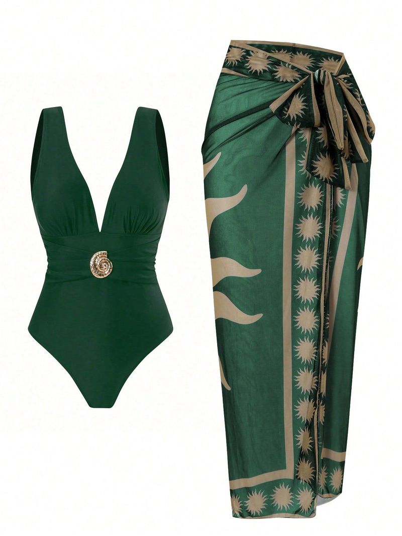 Damenbekleidung Neuer einteiliger Badeanzug mit tiefem V-Ausschnitt und Retro-Print, Hot Spring Resort Beach Dress Suit_voghion.com