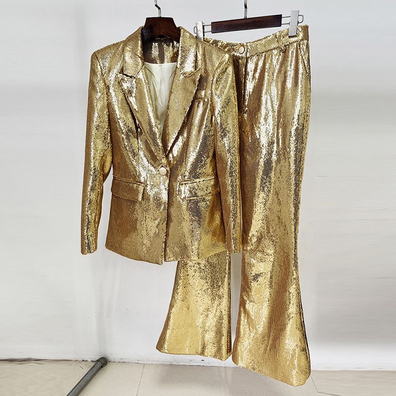 Abbigliamento da donna, completo da giacca e pantaloni con paillettes dorate, completo da due pezzi_voghion.com