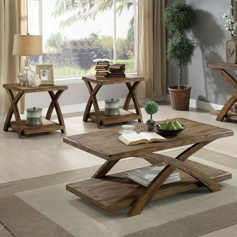 Transitional 3pc Table Set Occasional Tables Living Room 1x Coffee Table And 2x End Tables Plank Style Top Antique Light Oak_voghion.com