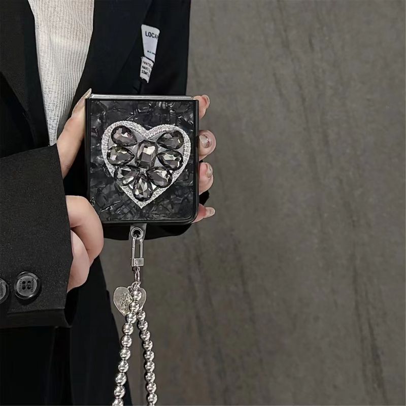 For Samsung Galaxy Z Flip 3 4 5 5G Luxury Shell Diamond Stone Crystal Heart Holder Stand Wrist Chain Strap Phone Case Cover_voghion.com