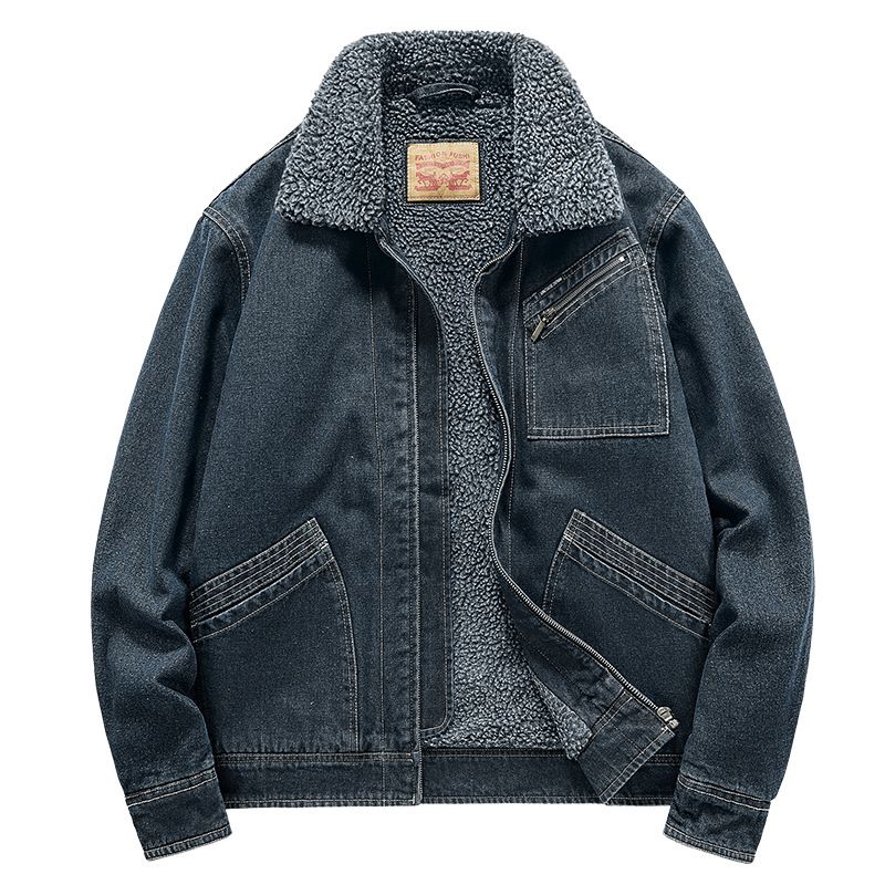 Veste polaire d'agneau pour homme en hiver, polaire épaisse, col en denim polyvalent et décontracté, lavée avec du coton pour les personnes d'âge moyen_voghion.com