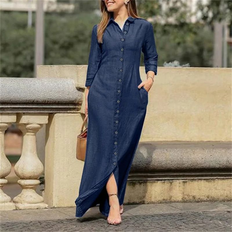 New Long Shirt Collar, Pocket, Large Swing Skirt, Plus Size Casual Denim Dress_voghion.com