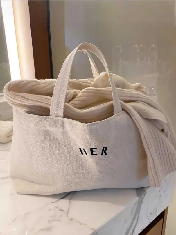 Spring New Korean Literary Letters Fi Canvas Bento Lunch Box Minimalist Handheld Fashion Bag Y241109_voghion.com