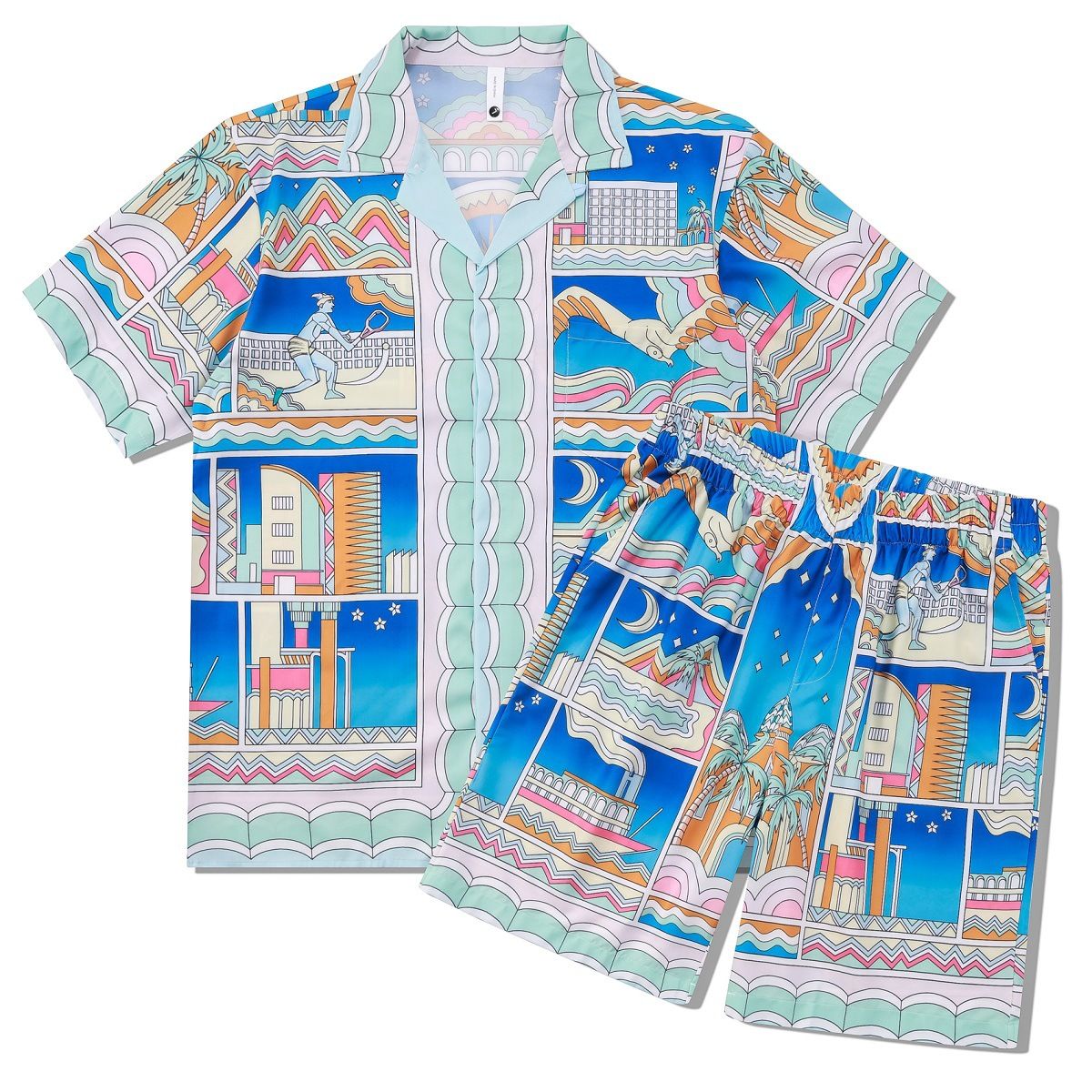 Herenkleding high street CASA gebloemd overhemdpak Retro licht luxe Babylon overhemd Cubaanse kraag korte mouwen shorts bijpassend_voghion.com