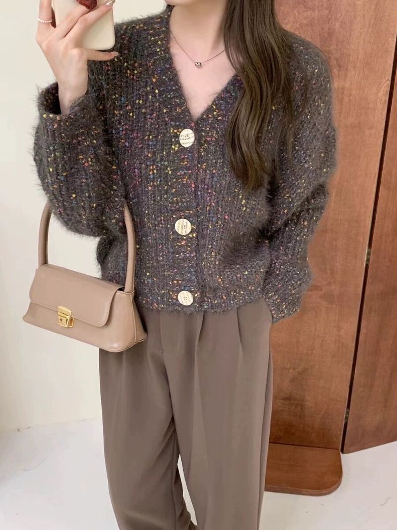 Giacca con scollo a V in seta brillante a pois per donna autunno inverno 2024, morbida e appiccicosa, lavorata a maglia con filo floreale_voghion.com