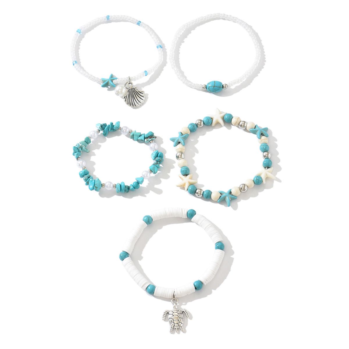 Handgewebtes türkisfarbenes Perlenarmband Großhandelsarmband für Damen im Sommer-Strandurlaubsstil mit Schildkrötenpanzer-Anhänger_voghion.com