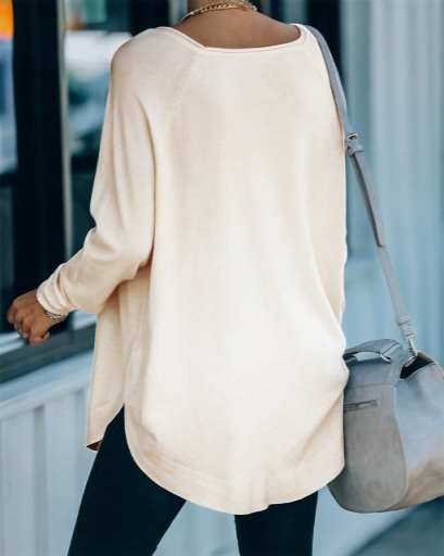 Women's off-the-shoulder solid color loose plus size line neck sweater_voghion.com