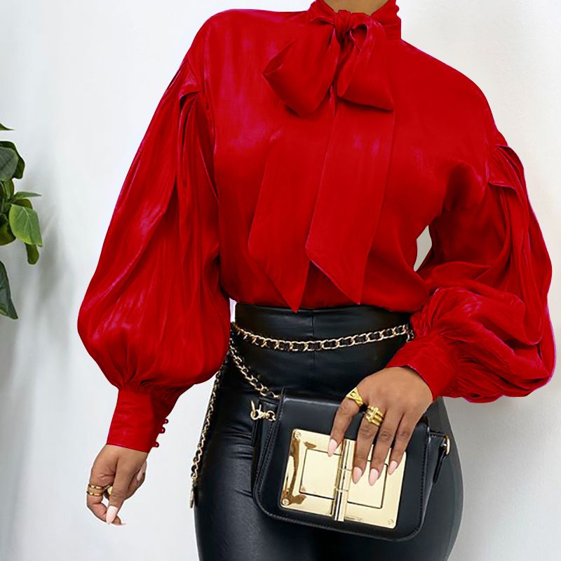 Women's casual shirt with Christmas satin tie top in solid color_voghion.com