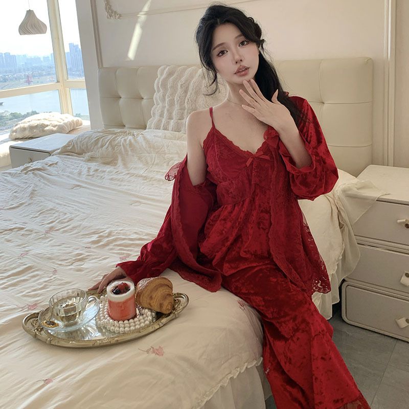Golden Diamond Velvet Pajama Women's Winter New Sexy Lace Temptation Robe Three Piece Set Internet Celebrity Large Size_voghion.com
