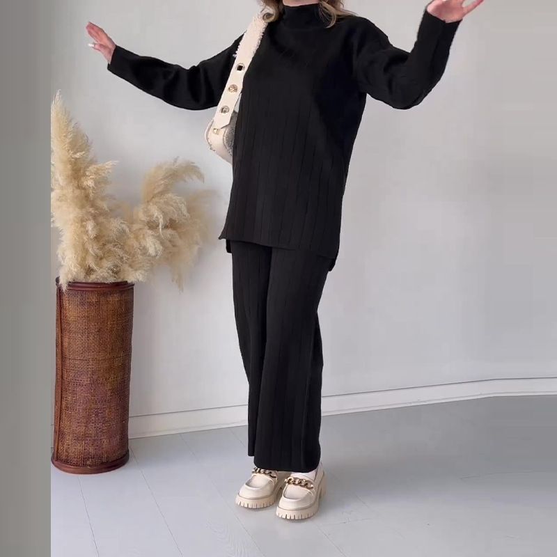Women's Clothing fashion solid color round neck mid-length casual loose sweater suit_voghion.com