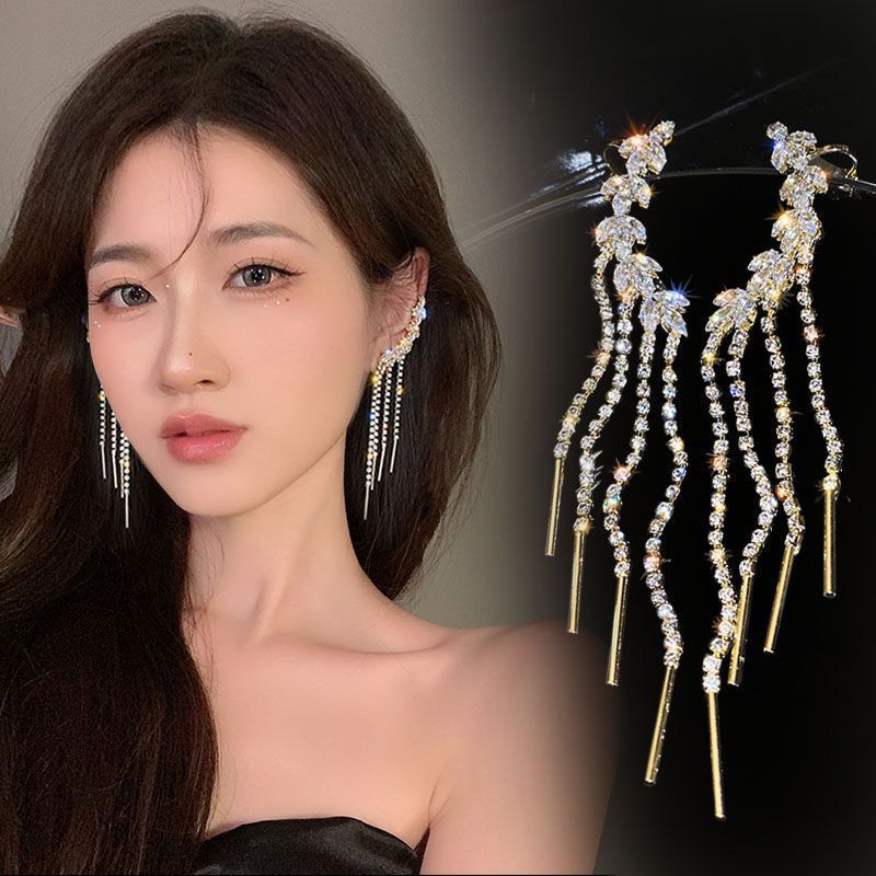 Light Luxury Crystal Leaf Integrated Earclip Earrings, Super Fairy Tassel Earrings, Temperament Flash Diamond Earbone Nails_voghion.com