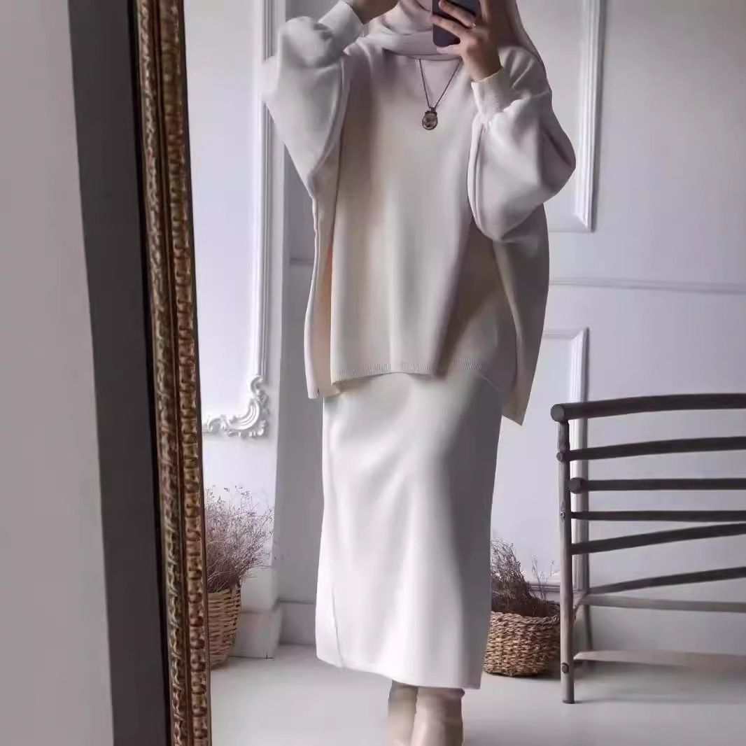 Completo da donna con maglione oversize e gonna dritta – Completo minimalista in due pezzi (S-3XL, bianco/marrone/kaki/nero)_voghion.com