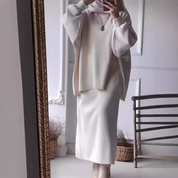 Completo da donna con maglione oversize e gonna dritta – Completo minimalista in due pezzi (S-3XL, bianco/marrone/kaki/nero)_voghion.com