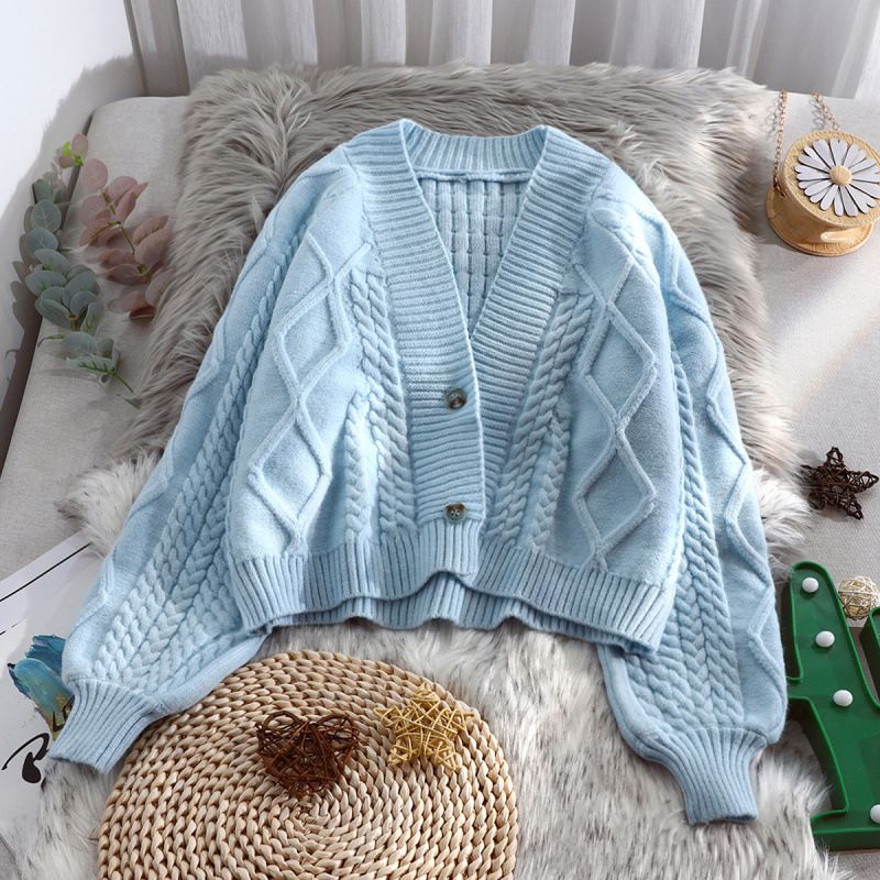 Chic Japanese Style Short Cardigan For Women - Oversized Loose Fit With Lantern Sleeves, Lightweight Knit Sweater Coat_voghion.com