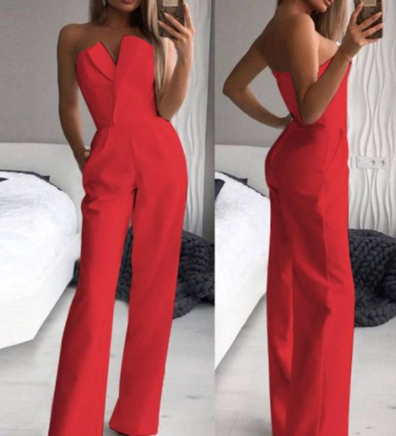 Women's spring and summer solid color splicing slim fit one-piece sleeveless long-sleeved one-shoulder jumpsuit_voghion.com