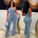 Women's Clothing oblique shoulder tight waist slim elastic washed denim jumpsuit jumpsuit flared pants_voghion.com