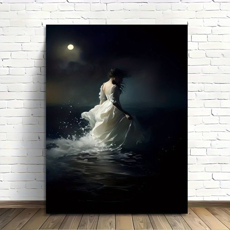 Gothic Victorian Wall With Retro Golden Art Canvas Prints Painting- Dramatic Nighttime Scene Of Woman In White Dress,for Living Room Decor_voghion.com