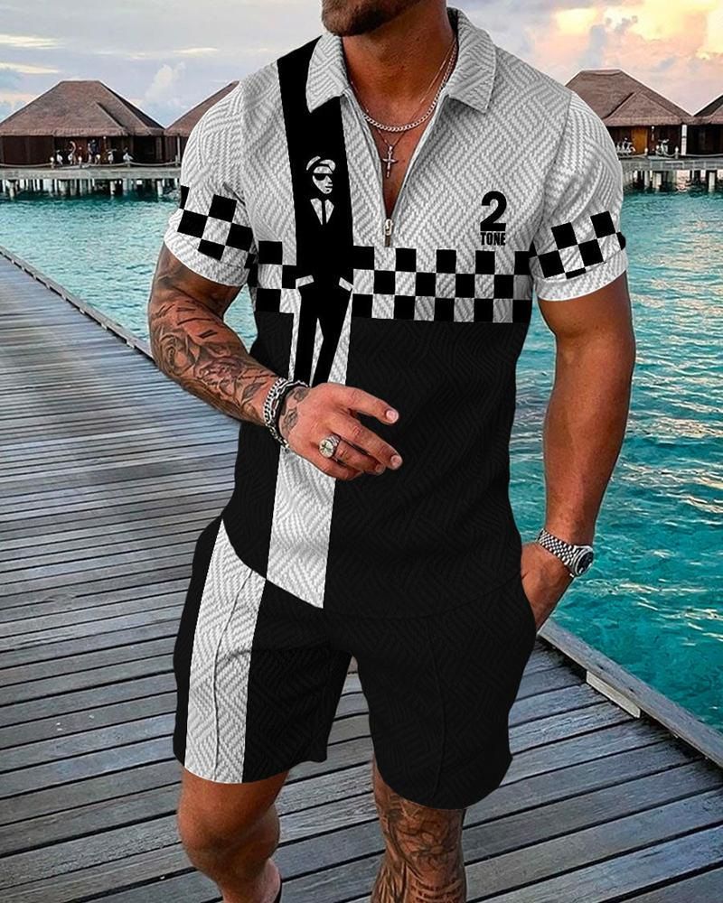 Herrenbekleidung, modisches Poloshirt-Set mit Reißverschluss, lässige Herren-Poloshirt-Shorts mit 3D-Druck_voghion.com