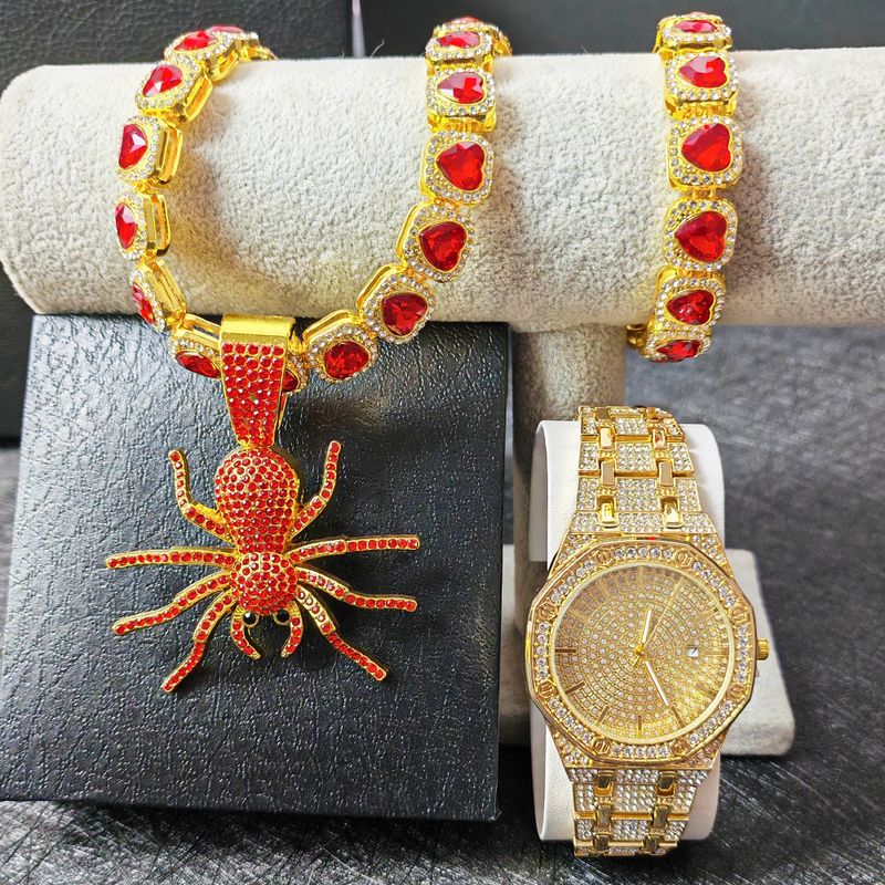 Set di collana con ciondolo a forma di ragno rosso con catena cubana Hip Hop e diamanti, orologio con display LCD_voghion.com