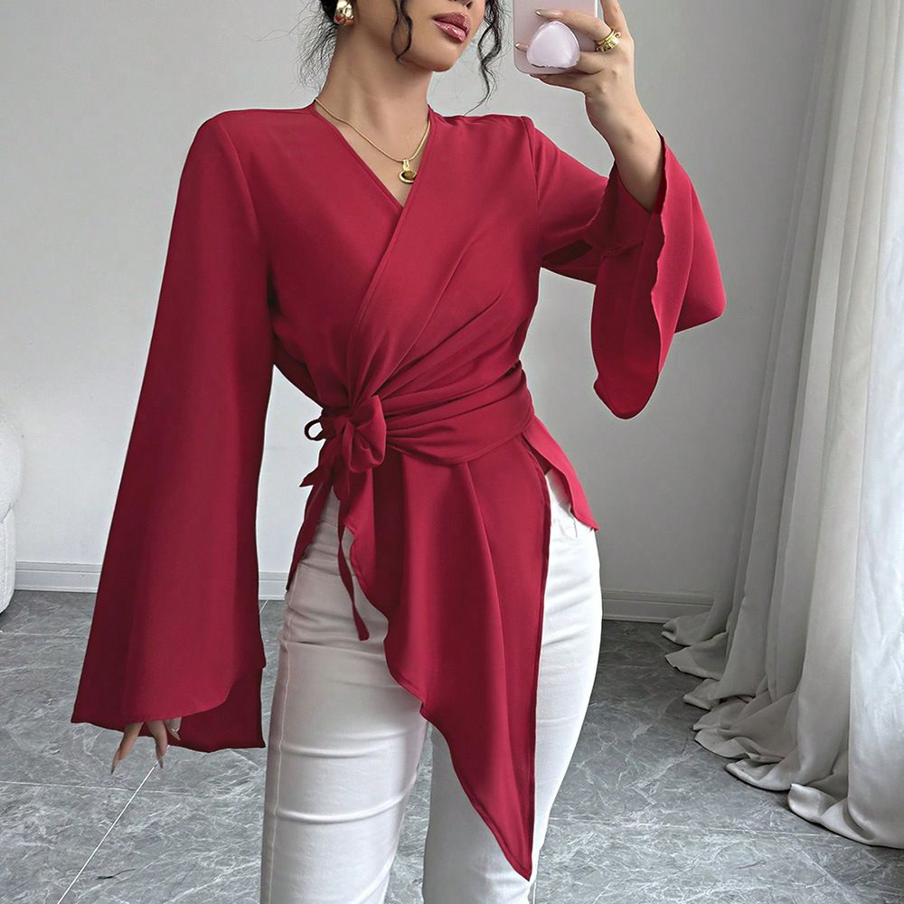 Damenbekleidung Elegante Satinbluse für Damen – V-Ausschnitt mit Bindedetail, lange Ärmel, ausgestellte Manschetten, Arbeits- und Freizeitkleidung (Rot/Blau/Schwarz/Pink, S/M/L/XL)_voghion.com