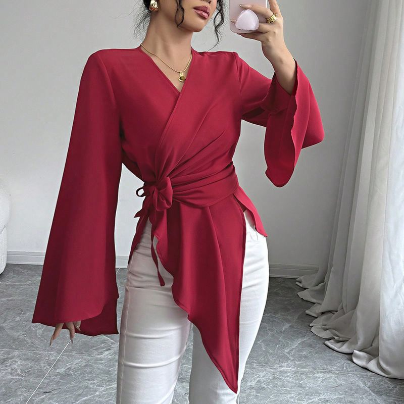 Damenbekleidung Elegante Satinbluse für Damen – V-Ausschnitt mit Bindedetail, lange Ärmel, ausgestellte Manschetten, Arbeits- und Freizeitkleidung (Rot/Blau/Schwarz/Pink, S/M/L/XL)​_voghion.com